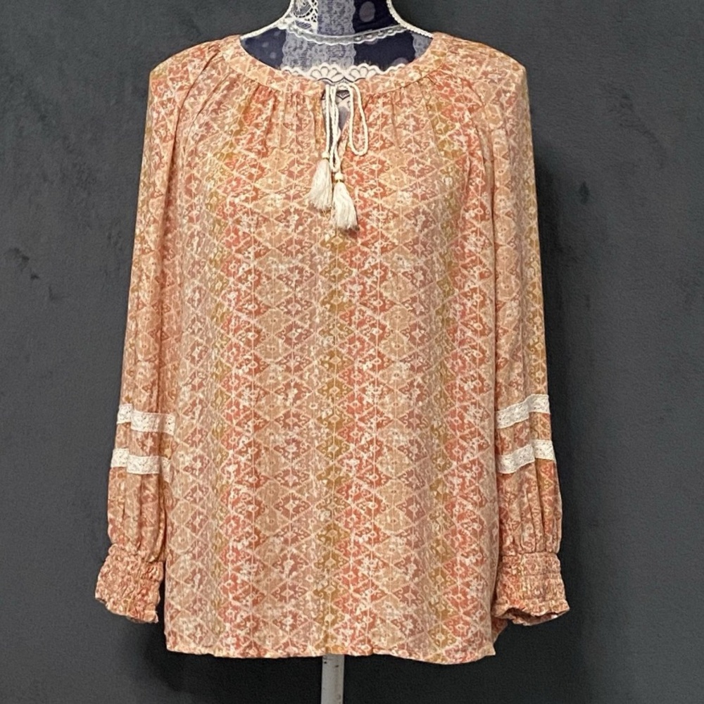 Jane + Delancey Top Womens S Peach Long Sleeve Peasant Prairie Tasseled Tie Neck